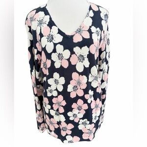 Jillanova navy blue pink/ cream  floral v neck lightweight sweater size large.